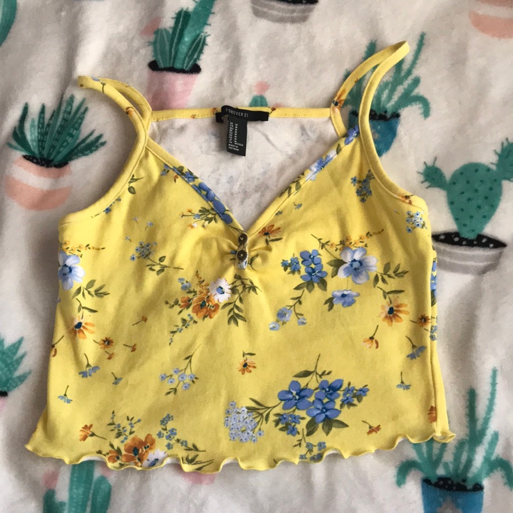 Forever 21 Floral Yellow Spaghetti Strap Crop Top
